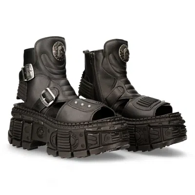Pre-owned New Rock Rock Boots Bios106-v3 Black Vegan Leather Unisex Platform Sandal Biker Goth