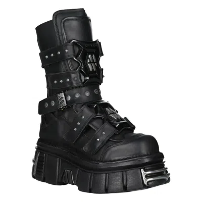 Pre-owned New Rock Rock Boots M-met422-s1 Unisex Metallic Black Leather Platform Gothic Boots