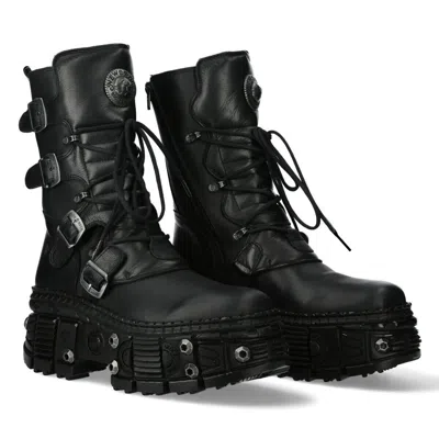 Pre-owned New Rock Rock Boots Wall373-s11 Unisex Metallic Black Leather Platform Gothic Boots