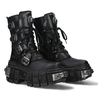 Pre-owned New Rock Rock Boots Wall373-s3 Unisex Metallic Black Leather Platform Gothic Boots