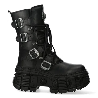 Pre-owned New Rock Rock Boots Wall373-s5 Unisex Metallic Black Leather Platform Gothic Boots