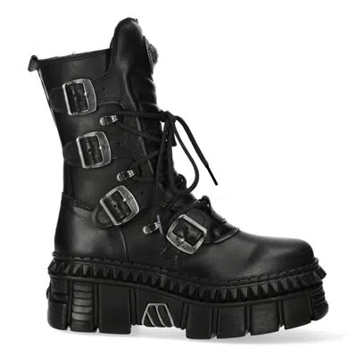 Pre-owned New Rock Rock Boots Wall373-s6 Unisex Metallic Black Leather Platform Gothic Boots