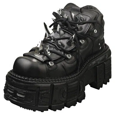 Pre-owned New Rock Rock M-106g-c1 Unisex Black Fashion Boots
