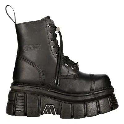 Pre-owned New Rock Rock M-newmili083-s21 Tower Combat Boots Black Leather Platform Biker Shoes In Gray