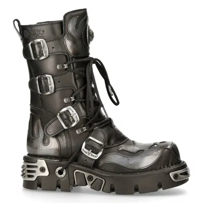 Pre-owned New Rock Rock Men's 107-s2 Leather Boots Silver Skull Devil Goth Punk Metallic Boots