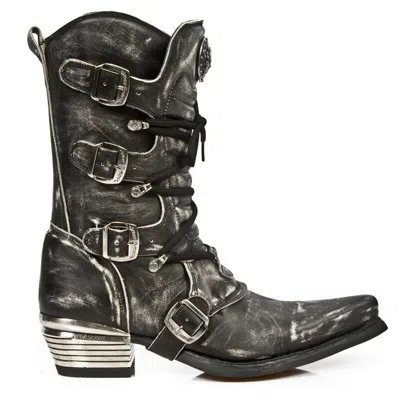 Pre-owned New Rock Rock Men's Grey Dallas Leather Boots M.7993-s3 In Vintage Black, Red