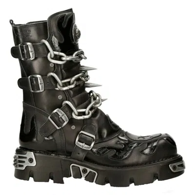 Pre-owned New Rock Rock Mens Black Leather Skull Flame Reactor Boots M.727-s1