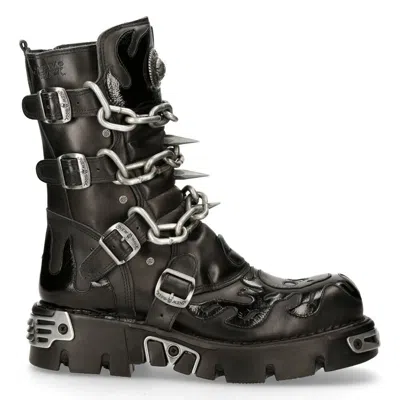 Pre-owned New Rock Rock Unisex M.727-s1 Black Leather Boots Skull Chain Flame Reactor Boots
