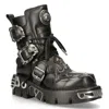 New Rock Silver Cross Black Leather Biker Boots-407-s1 In Black
