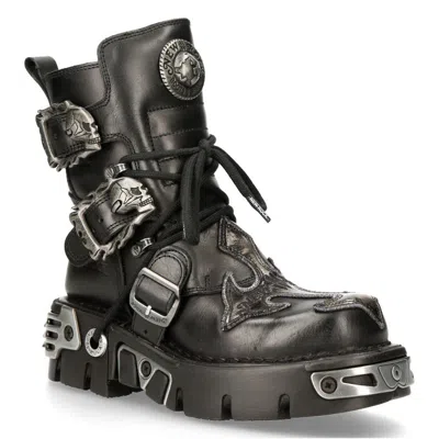 New Rock Silver Cross Black Leather Biker Boots-407-s1