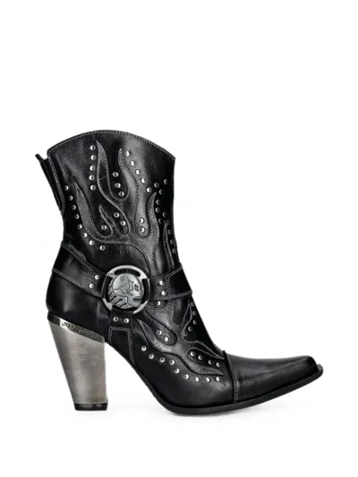 New Rock Skull-plaque Flame-appliqué Boots In Black