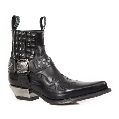New Rock Studded Black Leather Western Biker Boots-7950-s1