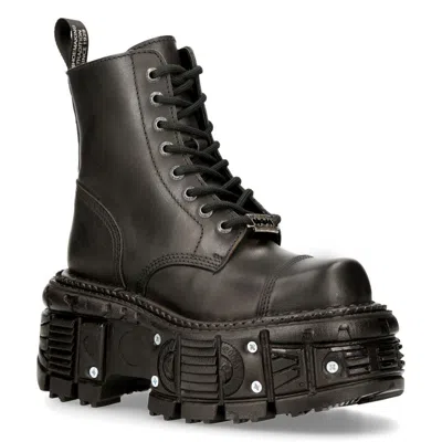 NEW ROCK UNISEX BLACK LEATHER COMBAT PLATFORM BOOTS- TANK083-C1