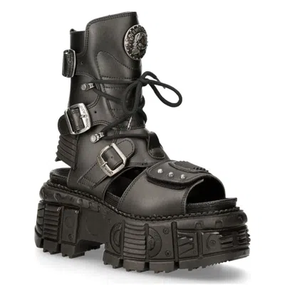 NEW ROCK UNISEX BLACK VEGAN LEATHER SANDAL BOOTS- BIOS107-V1