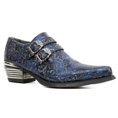 New Rock Vintage Blue Floral Leather Buckle Shoes-7960-s7