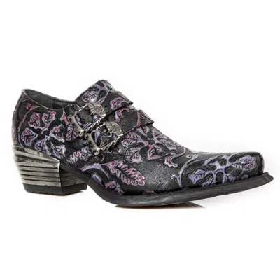 New Rock Vintage Purple Floral Leather Buckle Shoes-7960-s8 In Black