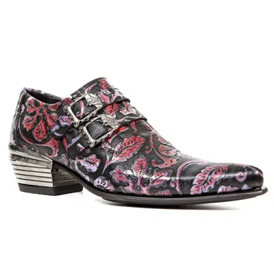 New Rock Vintage Red Floral Leather Buckle Shoes-7960-s6 In Black
