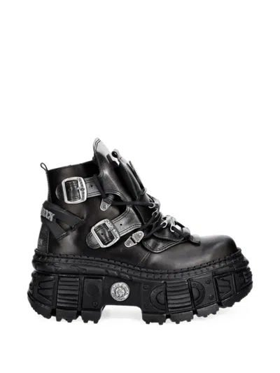 New Rock Wall Buckle-strap Platform Boots In Black