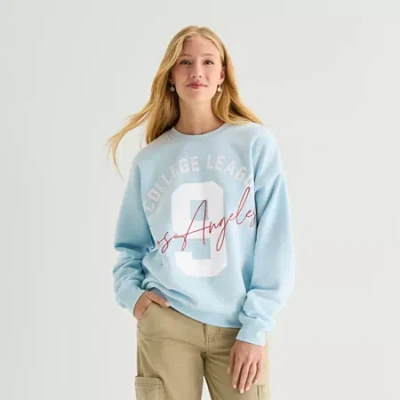 New World College League Crew Fleece Womens Juniors Crew Neck Long Sleeve Sweatshirt In Blue