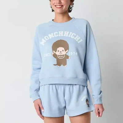 New World Monchichi Varsity Cropped Womens Juniors Crew Neck Long Sleeve Sweatshirt In Blue