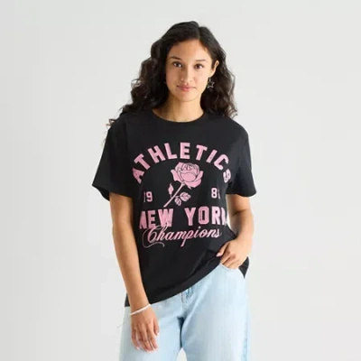 New World New York Athletics Boyfriend Tee Womens Juniors Crew Neck Short Sleeve Loose Fit Graphic T-shirt In Black