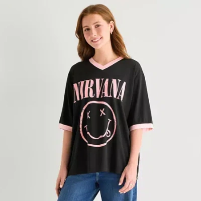 New World Nirvana Jersey Womens Juniors V Neck Short Sleeve Jersey In Black
