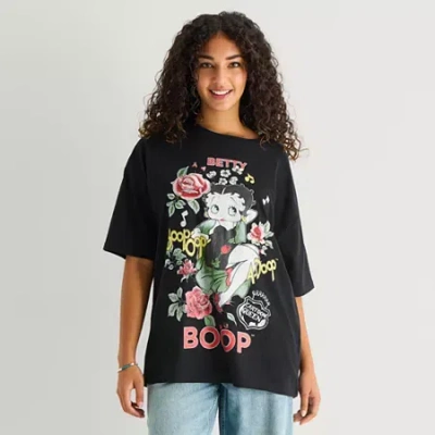 New World Womens Juniors Crew Neck Elbow Sleeve Oversized Betty Boop Graphic T-shirt In Black