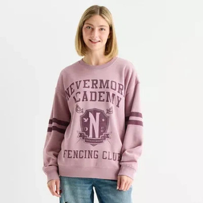 New World Womens Juniors Crew Neck Long Sleeve Wednesday Addams Sweatshirt In Purple