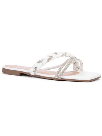 New York And Company Womens Embellished Faux Leather Slide Sandals In White