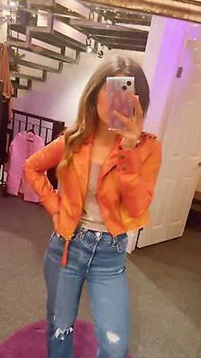 Pre-owned New York Jkt Nyc Erin Metallic Leather Jacket For Women - Size S In Orange