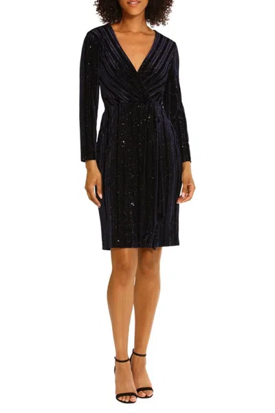 New Yorker's Apparel Maggy London Sparkle Faux-wrap Dress In Navy In Blue