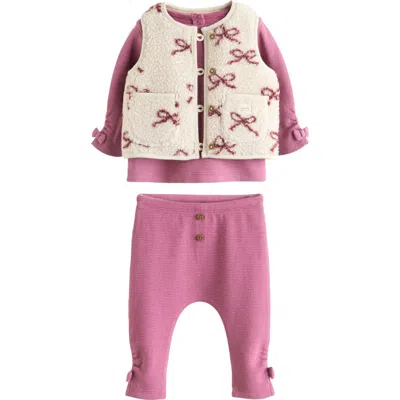 Next Babies'  Bow Print Fleece Vest, Waffle Knit Top And Waffle Knit Leggings Set In Pink