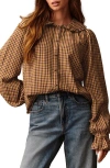 Next Check Ruffle Collar Button-up Shirt In Brown
