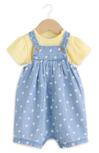 Next Babies'  Daisy Print Denim Overalls & Cotton Pointelle Bodysuit Set In Blue