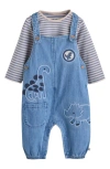 Next Dinosaur Denim Overalls & Stripe Top Set In Blue