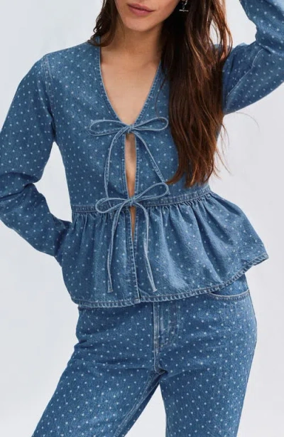 Next Dot Tie Front Peplum Denim Top In Blue