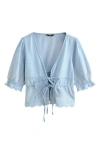 Next Embroidered Puff Sleeve Tie Front Top In Blue