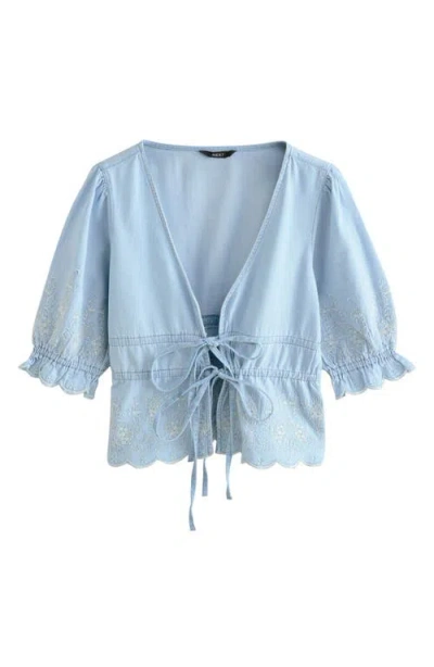 Next Embroidered Puff Sleeve Tie Front Top In Blue