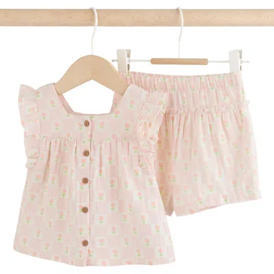Next Babies'  Floral Check Cotton Gauze Top & Shorts In Pink