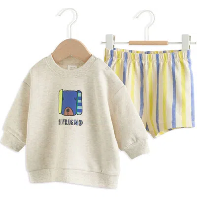 Next Babies'  Hi Friend Graphic Sweater & Stripe Shorts Set In Gray