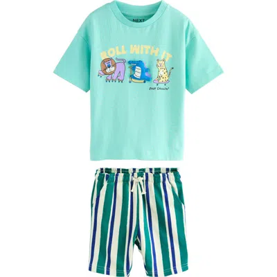 Next Kids' 3d Gator Cotton Graphic T-shirt & Striped Shorts Set In Green