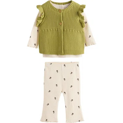 Next Babies'  Kids' 3-piece Rib Knit Top, Leggings & Waistcoat Set In Green