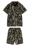 Next Kids' Abstract Print Knit Cotton Camp Shirt & Drawstring Shorts Set In Black