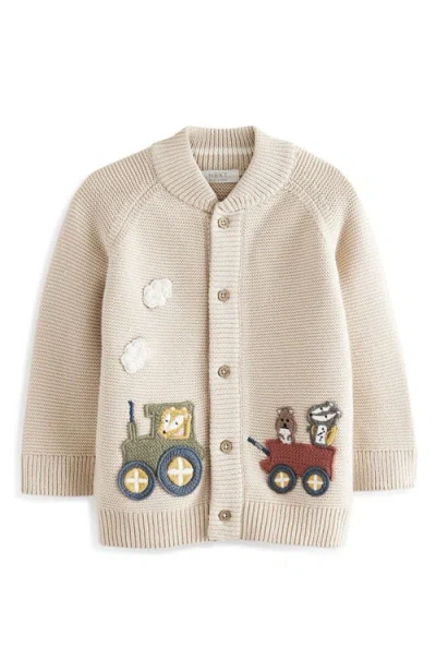 Next Kids' Animal Train Appliqué Cotton Graphic Cardigan In Neutral