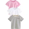 Next Kids' Assorted 3-pack Cotton Pocket T-shirts In Pink Navy White