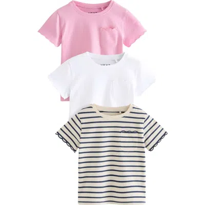 Next Kids' Assorted 3-pack Cotton Pocket T-shirts In Pink Navy White