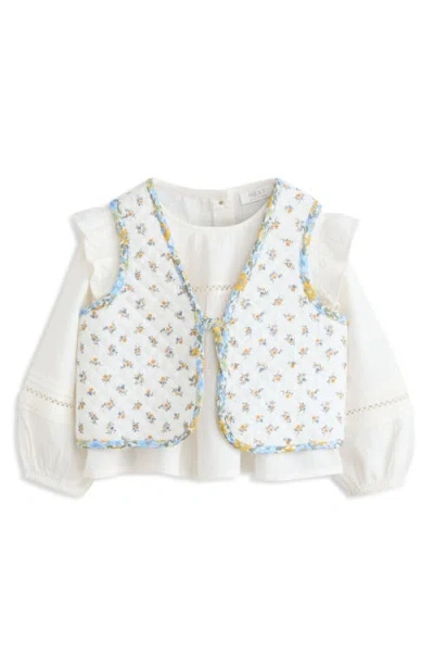 Next Kids' Balloon Sleeve Cotton Shirt & Floral Quilted Vest Set In Cream