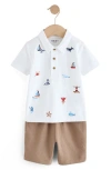 Next Kids' Beach Embroidered Cotton Polo & Knit Shorts Set In White/khaki