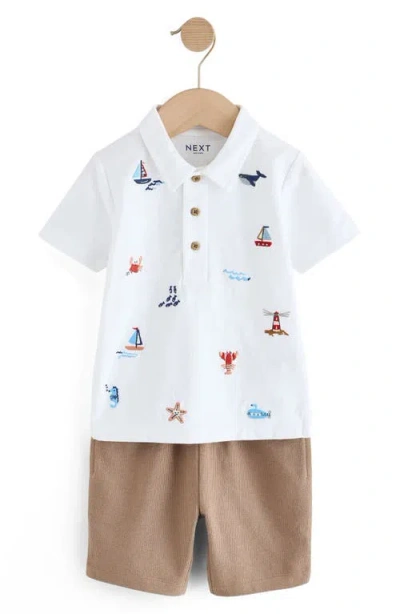 Next Kids' Beach Embroidered Cotton Polo & Knit Shorts Set In White/khaki