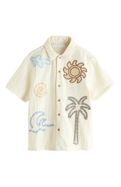Next Kids' Beach Embroidered Short Sleeve Cotton Button-up Shirt In Neutral